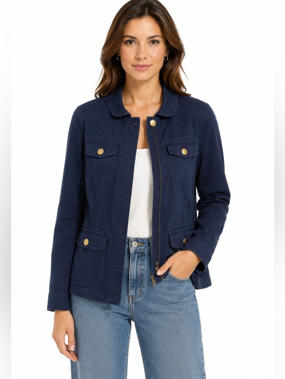 Talbots Navy Military Utility Jacket Gold Crest Buttons Size 2 Career Chic